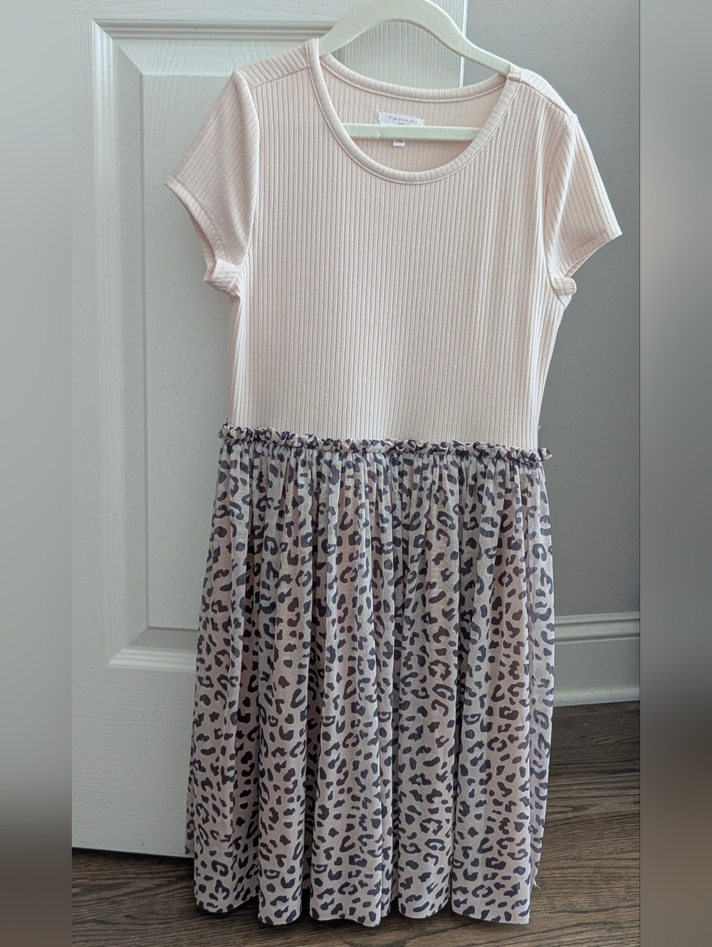 Tahari Girls Cream Ribbed Mixed Media Leopard Tulle Dress Size 8 EUC